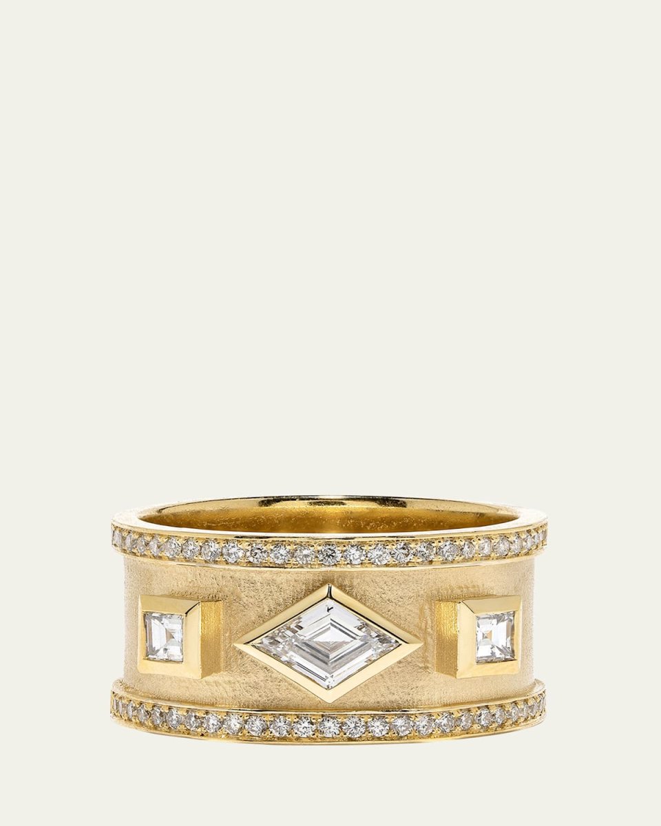 18K Yellow Gold Lozenge, Carre, and Round Diamond Ring, Size